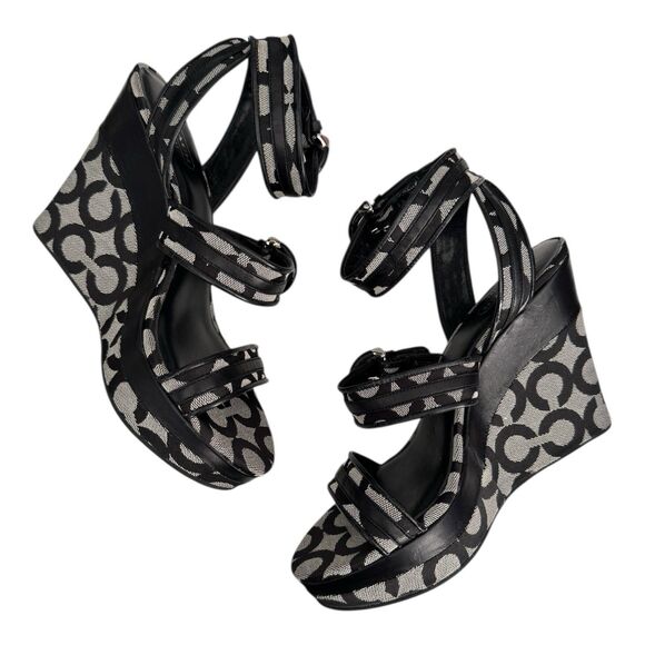 Coach Logo Maralee Wedge Jacquard Sandals Women’s 8.5B Black/Gray - Picture 3 of 9